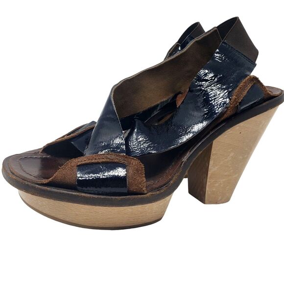 Marni Black Brown Patent Leather Platform Heels Wood Wedge Cross Strap Size 8.5 - Picture 1 of 13